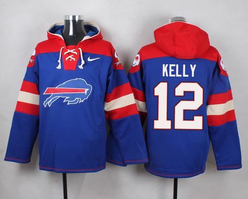 Nike Bills #12 Jim Kelly Royal Blue Player Pullover NFL Hoodie - Click Image to Close